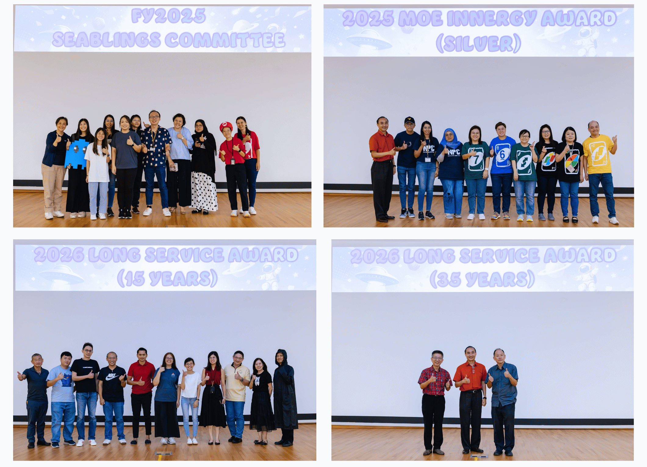 Collage of groups of officers receiving recognition on stage